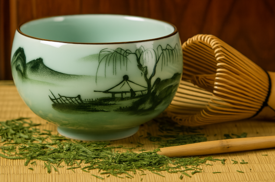 Eine Schale mit frisch zubereitetem Matcha Tee